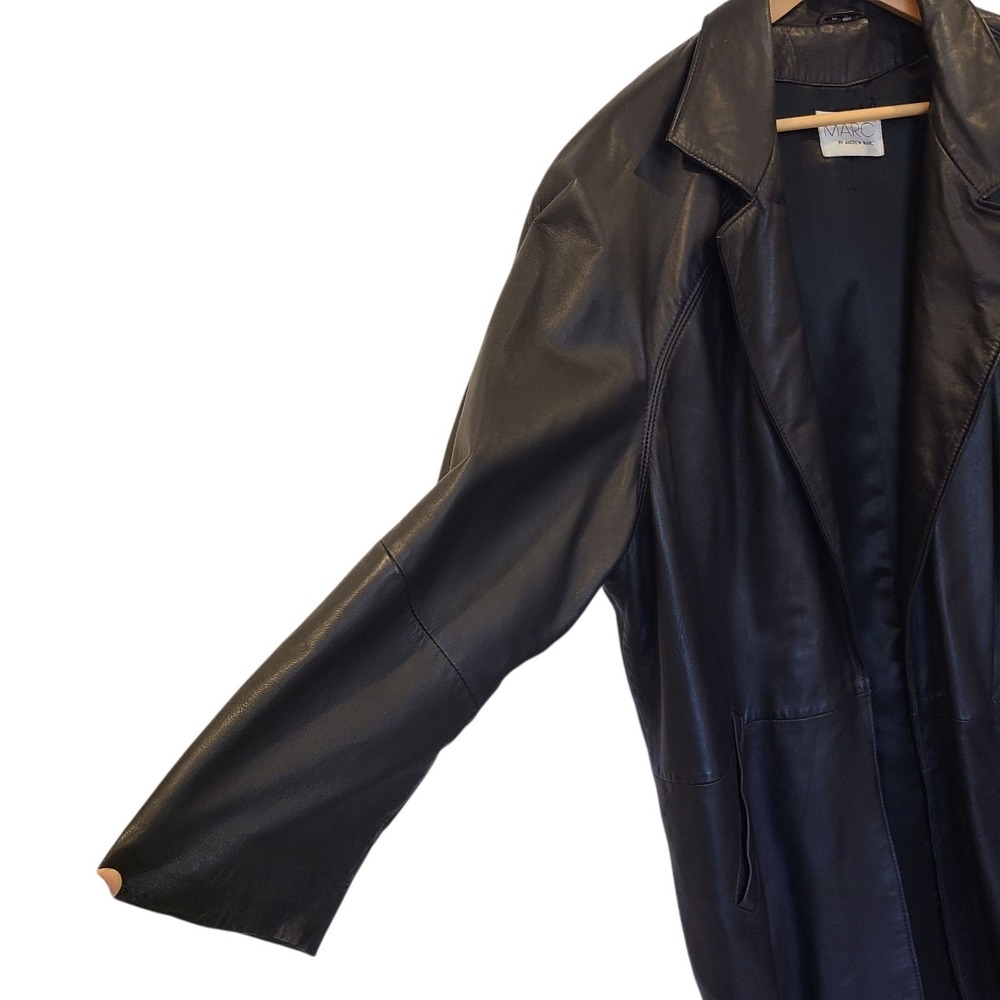 Andrew Marc Black Leather Oversized‎ Open Front Lapel Trench Coat Long Large - Picture 5 of 8